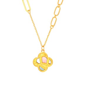 24K Solid Gold Flower Pendant Necklace, Colorful Clover Design