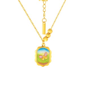 24K Solid Gold Butterfly Necklace: Colorful Pendant, 17.72in Chain