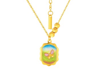 24K Solid Gold Butterfly Necklace: Colorful Pendant, 17.72in Chain