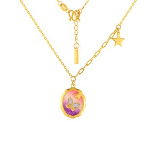 24K Solid Gold Purple Oval Butterfly Pendant.Handmade Pure Gold 45cm Chain Necklace.Lover Gift.G0274