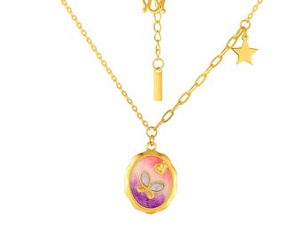 24K Solid Gold Butterfly Pendant Necklace: Handmade Purple Oval, 45cm Chain