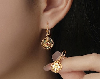 24K Pure Gold Floral Drop Earrings, Long Shiny Wedding Jewelry