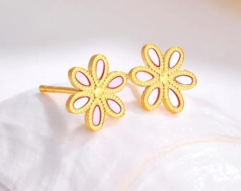24K Pure Gold Flower Stud Earrings, Minimalist Petal Design