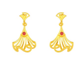 Minimalist 24K Yellow Gold Dangle Earrings: Ruby Fan Skirt Design