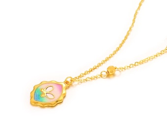 24K Solid Gold Butterfly Necklace, Dainty Oval Pendant, 45cm