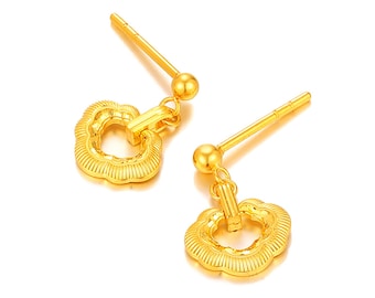 Vintage 999 24K Solid Gold Earrings，Ruyi Lock Charm Dangle Earrings，Gold Hook Earrings，Birthday Jewelry Gift for Her.G0557