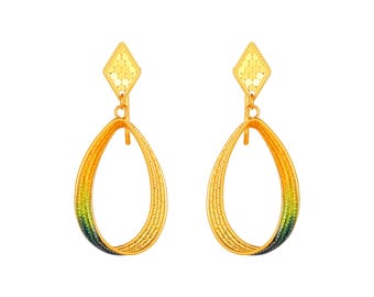 24K Pure Gold Hoop Earrings, Colorful Tassel Dangle, 999 Gold