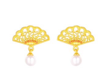 yellow Gold Stud Earrings，Fan-Shaped Gold Earrings，Stylish Pearl Earrings，Luxurious Red Gemstone Studs，Wedding Earrings for Women.G0521