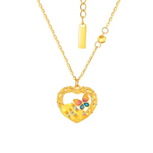 24K Pure Gold Butterfly Pendant Necklace, Colorful Love Charm