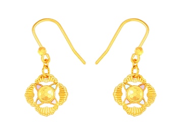 May include: A pair of gold-colored earrings. Each earring features a floral design with a central textured circle and a decorative outer edge. The earrings have a hook closure.