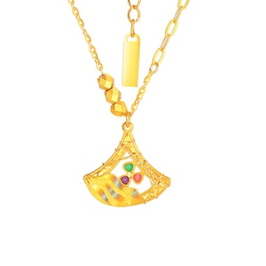 24K Pure Gold Fan Pendant Necklace, Handmade 45cm Chain