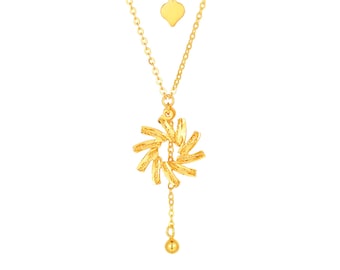Minimalist 24K Solid Gold Sun Pendant Necklace - 45cm Real Gold Chain