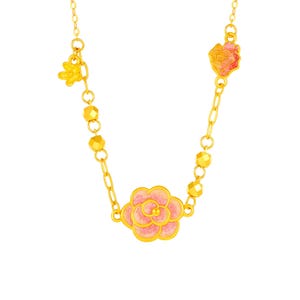24K Gold Rose Necklace, Pink Enamel Floral Pendant, Pure Gold