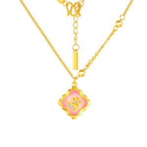 24K Solid Gold Pink Floral Pendant Necklace, 45cm Pure Gold Chain