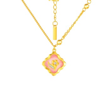 24K Solid Gold Pink Floral Pendant Necklace, 45cm Pure Gold Chain