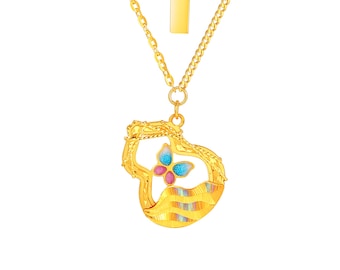 24K Pure Gold Gourd Butterfly Pendant Necklace - 45cm Chain