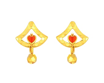 24K Solid Gold Heart Earrings, Pearl Lustre Dangle, Pure Gold Studs