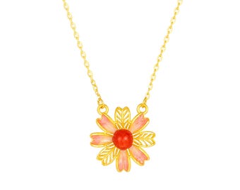 Trendy 24K 999 Gold Necklace，Red Heart Hollow Flower Pendant，Pink Enamel  Necklace,