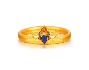 Handcrafted 999 24K Gold Ring, Elegant Blue Enamel, Feather Design, Yellow Gold