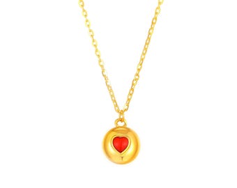 24K Gold Necklace: Red Enamel Heart Pendant, Elegant Gold Bead - 17.72in