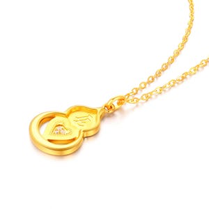 24K Solid Gold Diamond Gourd Pendant.999 Yellow Gold 45cm Chain Necklace.Dainty Gemstone Pendant Necklace.G0233