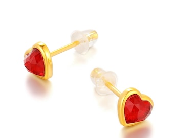 Delicate 24K 999 Pure Gold Earrings, 24K Solid Gold Red Gemstone Earrings, Charming Gold Heart Earrings, Anniversary Gift For Woman.