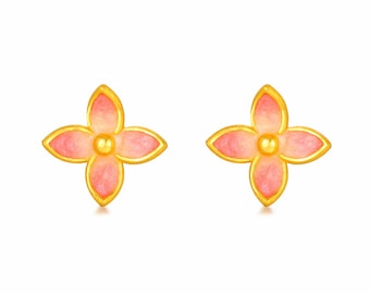 24K Pure Gold Stud Earrings: Pink Floral Minimalist Design