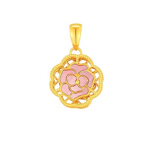 24K Solid Gold Pink Rose Pendant Necklace,Dainty Floral Jewelry