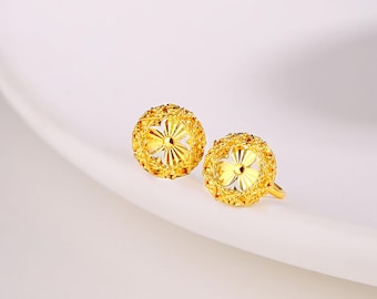 999 24K Gold Round Stud Earrings, Shiny Mini Gold Earrings, Elegant Jewelry Gift for Her.G0505