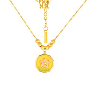 24K Solid Gold Flower Pendant.Pure Gold Pink Floral 45cm Chain Necklace.Women Gift.G0272