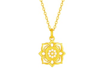 24K Solid Gold Diamond Flower Pendant Necklace: 45cm Chain