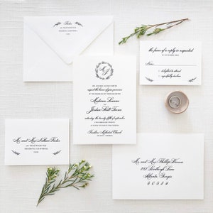 Classic Wreath Wedding Invitations - Traditional Wedding Invitations - Monogram Wreath Invitation - SAMPLE SET