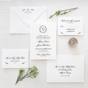 Classic Wreath Wedding Invitations Traditional Wedding Invitations Monogram Wreath Invitation SAMPLE SET image 1