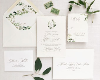 Greenery Crest Wedding Invitation printed on Cotton Cardstock with Hand Torn Edge  - Sample Set