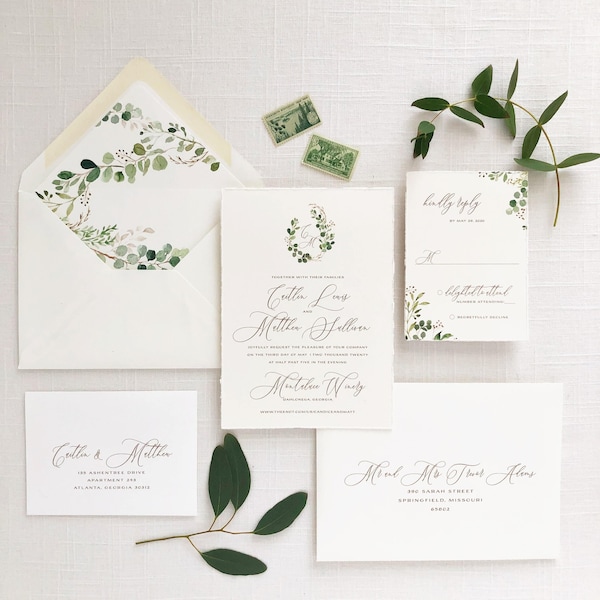 Greenery Crest Wedding Invitation printed on Cotton Cardstock with Hand Torn Edge  - Sample Set