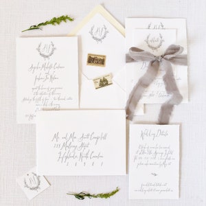 Fine Art Wedding Invitations with Vintage Monogram printed on Cotton Cardstock with Hand Torn Edge  - Sample Set