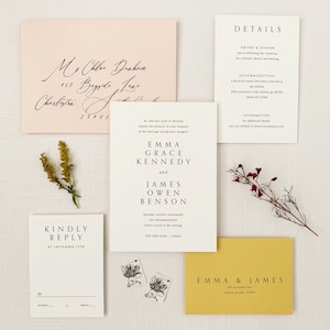 May include: A wedding invitation suite with a cream background. The invitation features the names Emma Grace Kennedy and James Owen Benson in a simple black font. The RSVP card is white with black text and a black line for the guest to write their name. The details card is white with black text and includes information about the wedding ceremony, reception, and accommodations. The save the date card is yellow with black text and features the names Emma & James.
