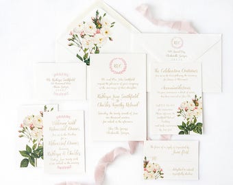 White Rose Wedding Invitation with White Rose Envelope Liners and Blush Pink Monogram Wreath - Monogram Wedding Invitation - SAMPLE SET