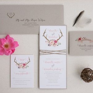 Rustic Wedding Antler Invitation Suite with Twine Wrap Blush Floral Antler Wedding Invitation SAMPLE image 1