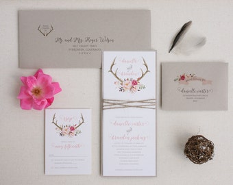 Rustic Wedding Antler Invitation Suite with Twine Wrap - Blush Floral Antler Wedding Invitation SAMPLE