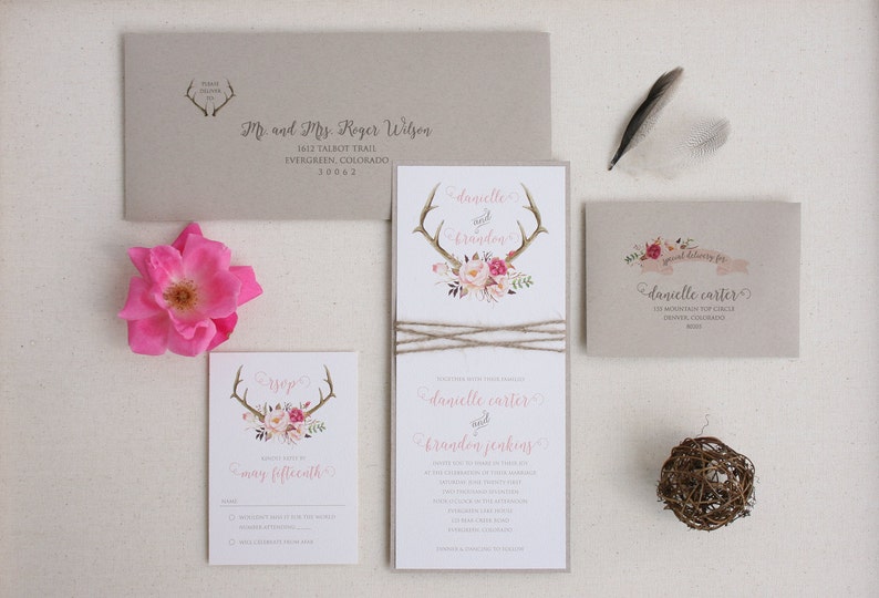 Rustic Wedding Antler Invitation Suite with Twine Wrap Blush Floral Antler Wedding Invitation SAMPLE image 1