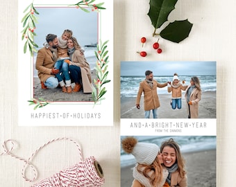 Happiest Holiday Photo Card - Christmas Card with greenery design - Christmas Photo Cards - Printed or Printable File