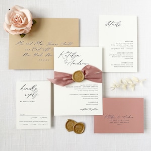 Ribbon and Wax Seal Wedding Invitation - Rose and Latte Wedding Invitation - Tan Modern Wedding Invitation Sample Set