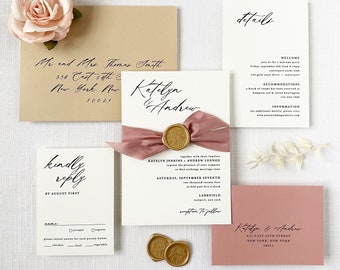 Rose and Latte Wedding Invitation - Wedding Invitation with silk ribbon and wax seal - Tan Modern Wedding Invitation Sample Set
