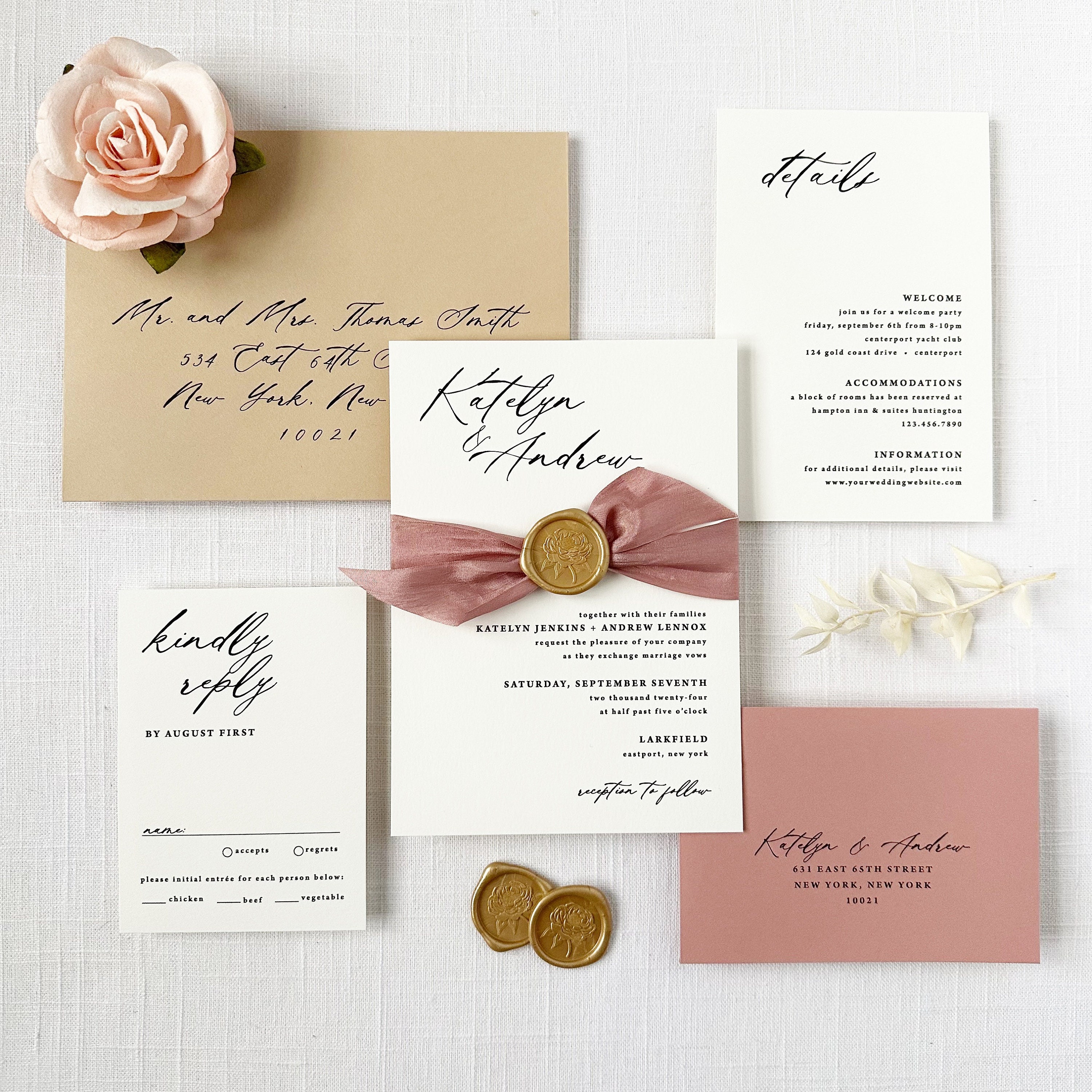 Invitación de boda con cinta y sello de cera - Invitación de boda con rosa  y café con leche - Conjunto de muestra de invitación de boda moderna en  color canela - Etsy México, image size:3000x3000