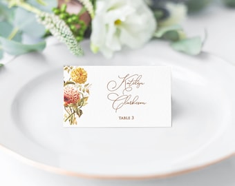 Dahlia Place Cards with printed guest names - Floral Escort Cards - Vintage Wedding Place Cards