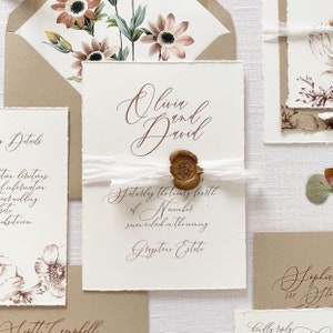 Autumn Script Wedding Invitation with Daisy Floral Envelope Liner Hand Torn Wedding Invitation printed on Cotton Cardstock Sample Set image 2