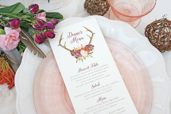 Wedding Menu Cards With Boho Antler Floral Design Rustic Wedding