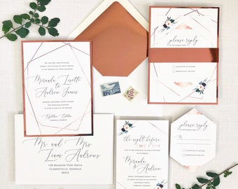 Copper Geometric Wedding Invitation Set Sample - Geometric Copper Invitations - Copper Wedding Invitations - SAMPLE SET