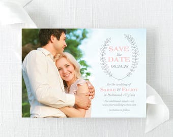 Grey and Blush Laurel Wreath Photo Save the Date - Traditional Save the Date - grey and blush save the date